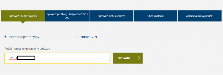 Sprawdzenie OC po numerze rejestracyjnym w UFG krok 3