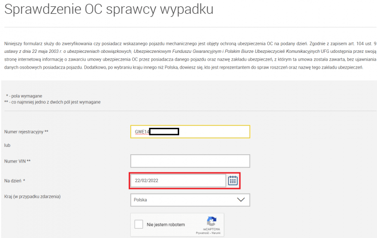 Sprawdzenie OC po numerze rejestracyjnym w UFG krok 5