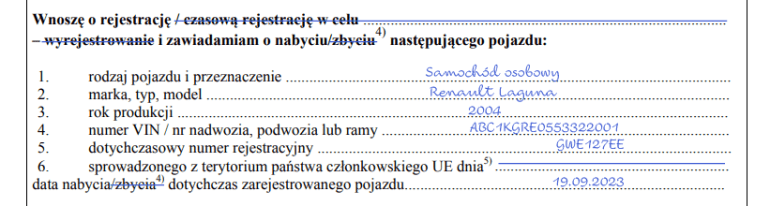 jak wypełnić wniosek o rejestrację samochodu – auta używanego, które zostało kupione w Polsce