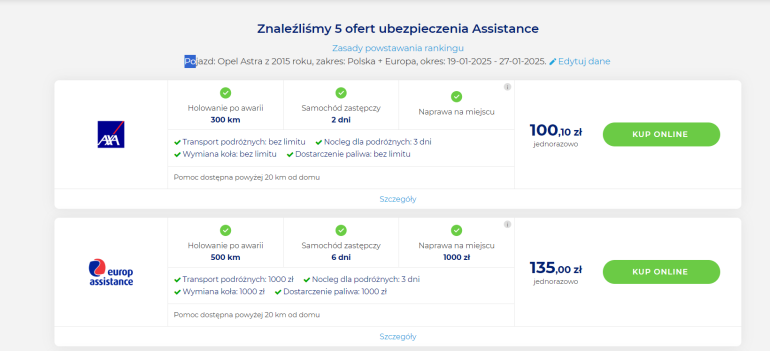 Przykładowa kalkulacja dla ubezpieczenia assistance na rankomat.pl